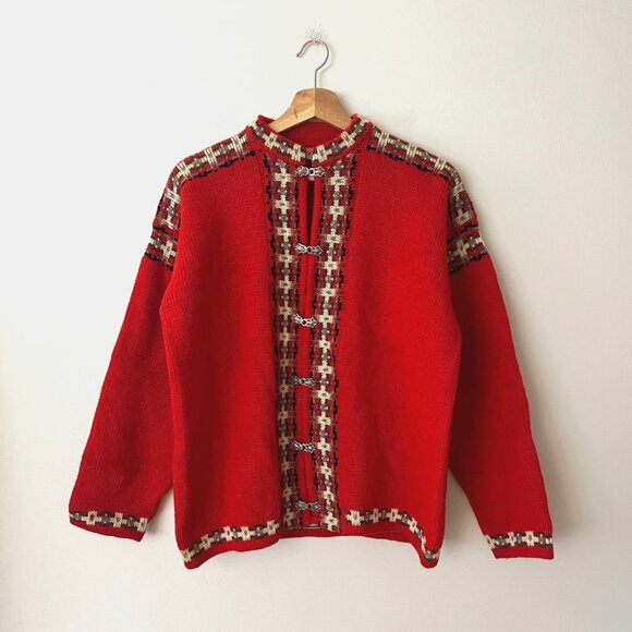 Vintage 1980s Dirdalstrikk of Norway Red Wool Cardigan Sweater EU Size 46 - Picture 1 of 10